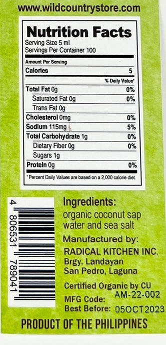 Wild Country Organic Coconut Amino Sauce 16.9 Fl Oz / 500mL Keto Friendly